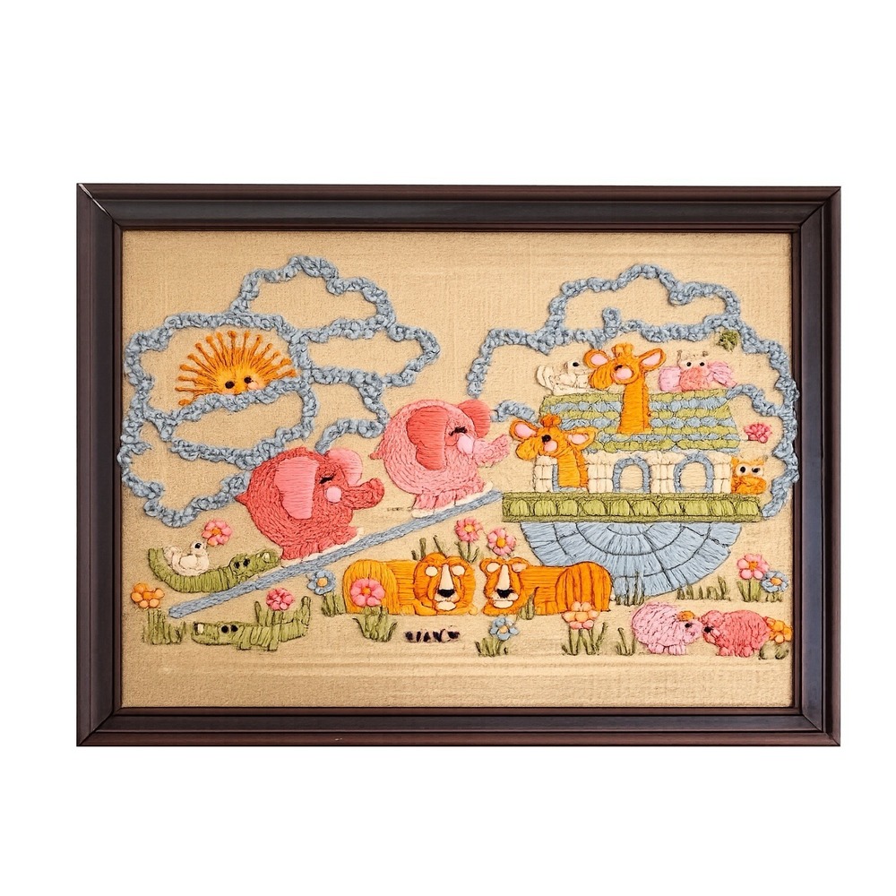 Vtg Crewel Animals Ark Needlepoint Embroidered Yarn Boho MCM Completed Framed